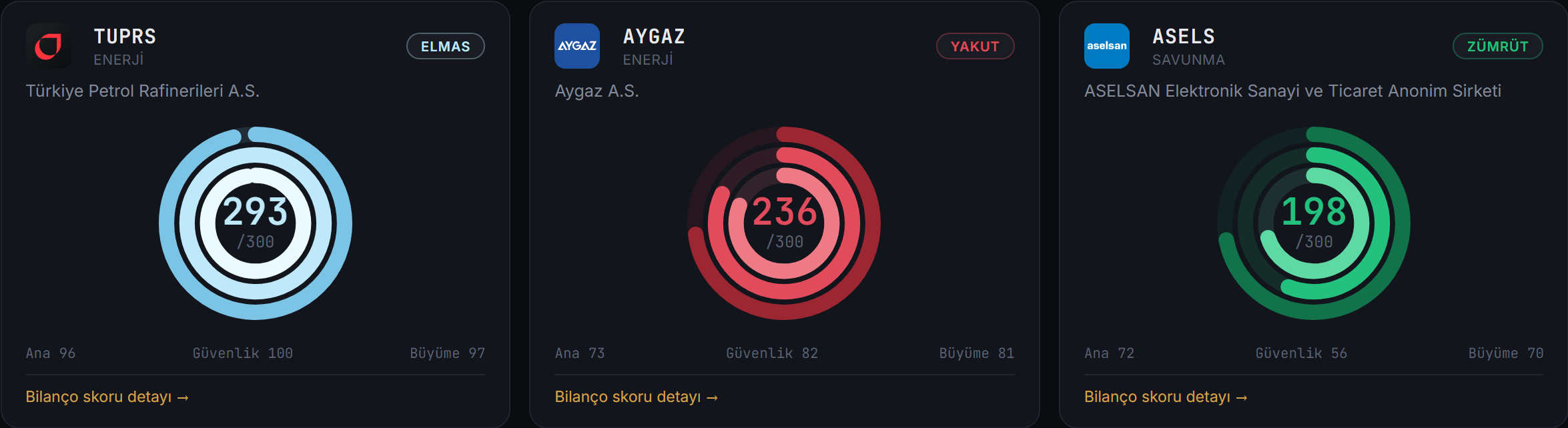 Üç şirketin bilanço skoru kartı: AHGAZ 278, EBEBK 244, ASELS 198